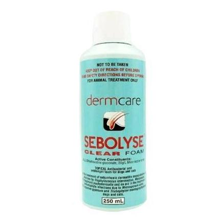 Pet Vet Clinic Singapore Buy Online - DermCare Sebolyse Clear Foam Medicated Shampoo with Chlorhexidine Gluconate and Miconazole Nitrate for treatment of Seborrhoeic Dermatitis in Dogs Skin, Fur, and Coat Care